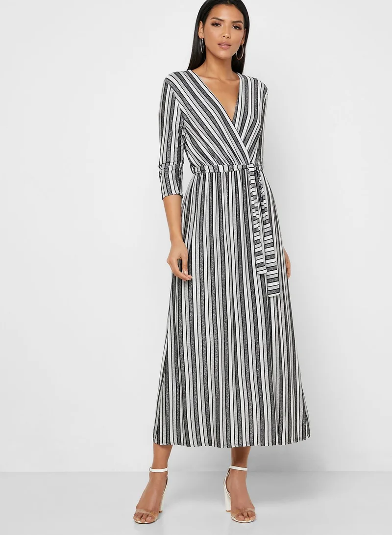 MELA LONDON Striped Wrap Belted Dress