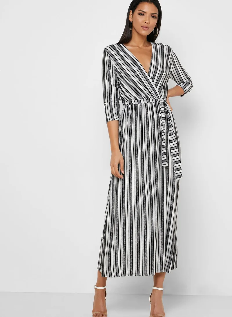 MELA LONDON Striped Wrap Belted Dress