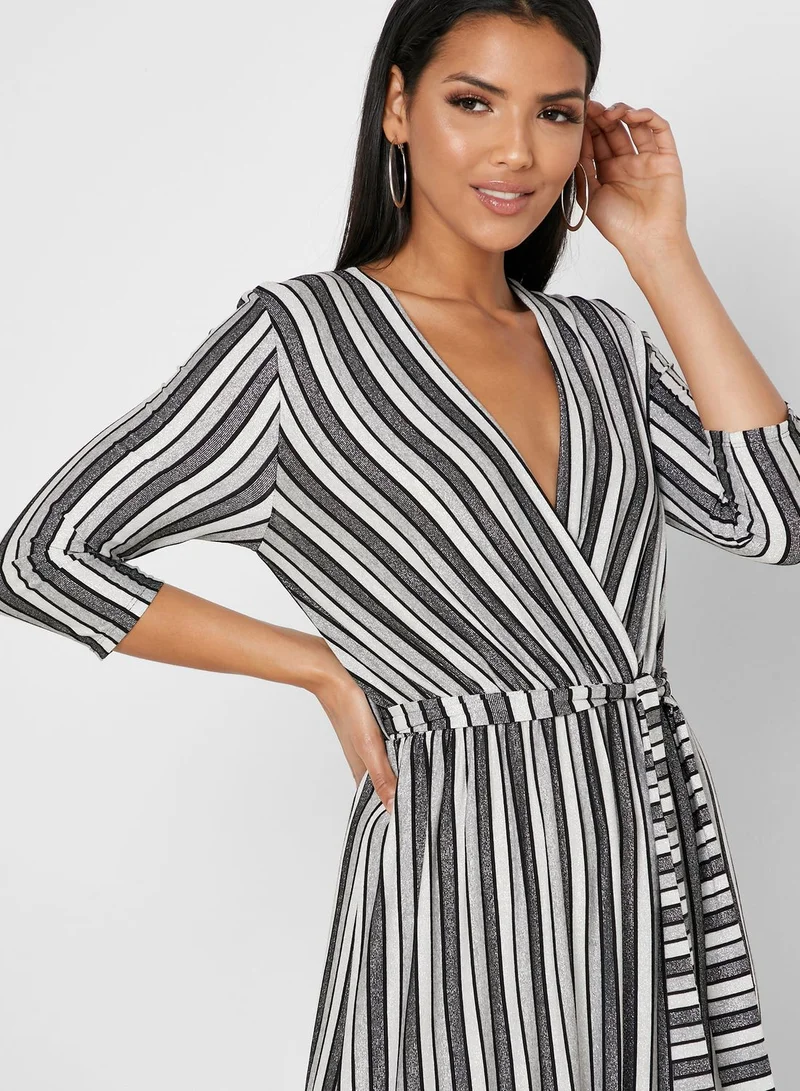 MELA LONDON Striped Wrap Belted Dress