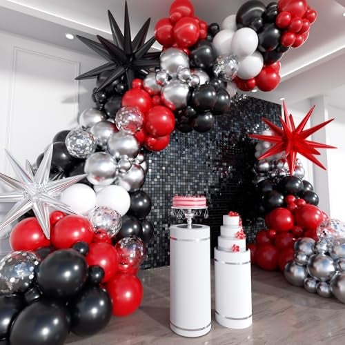 ADOINBY Red Black and White Balloon Arch Kit 201Pcs Explosion Star Red Black White Silver Latex Balloon Garland kit Different Size Balloons for Anniversary Birthday Racing Car Poker Party Decoration - Image 1