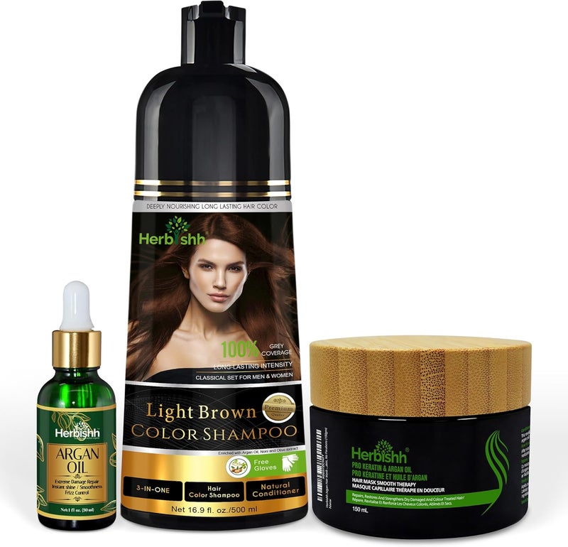 Herbishh After Color Shampoo Combo - Light Brown Hair Color Shampoo 500 ml, Argan Oil 30 ml & Hair Mask 150 ml - Image 1