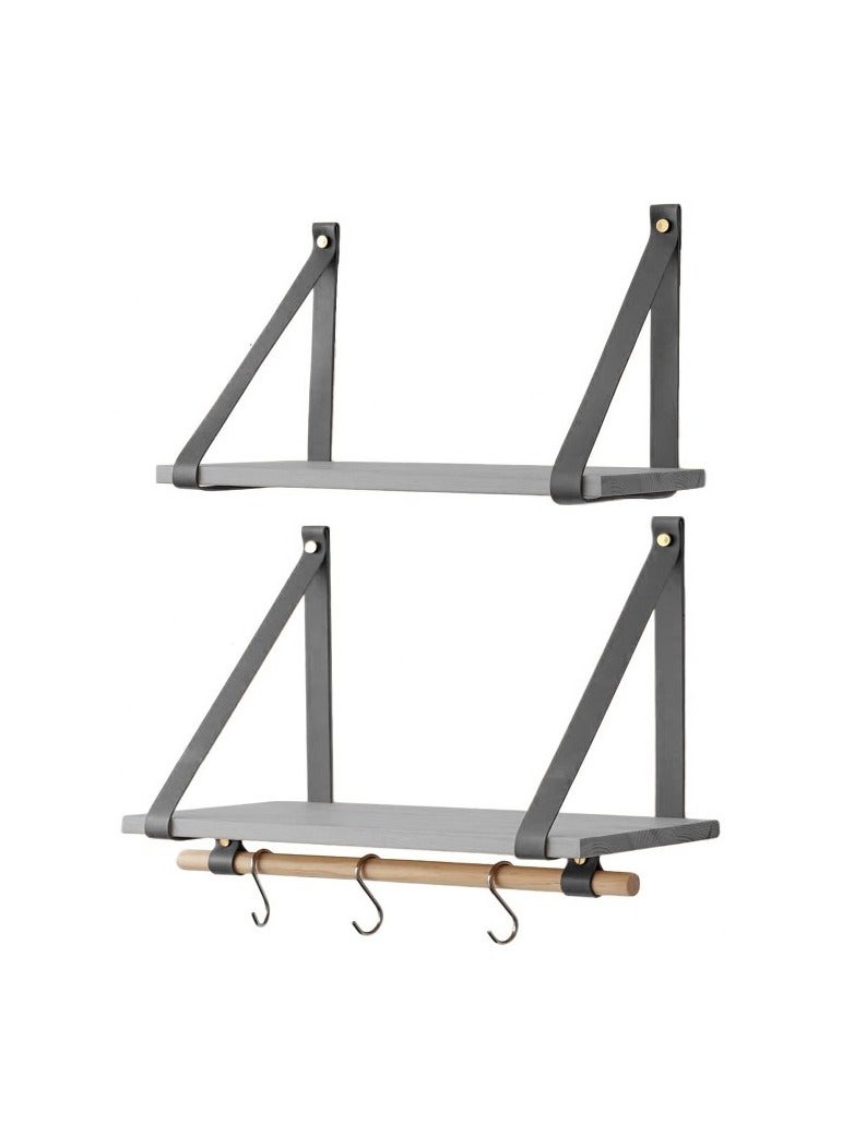 Home Gallery PU Gray Leather Strap Wall Floating Shelves Gray - Image 2