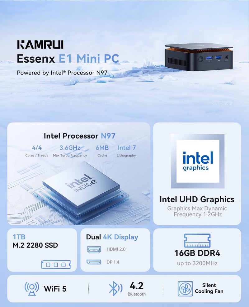 KAMRUI Essenx E1 N97 Mini PC, Dual 4K HDMI, 16GB RAM 256GB SSD, High-Speed Gigabit Ethernet Wi-Fi Bluetooth Ultra Silent - Image 2
