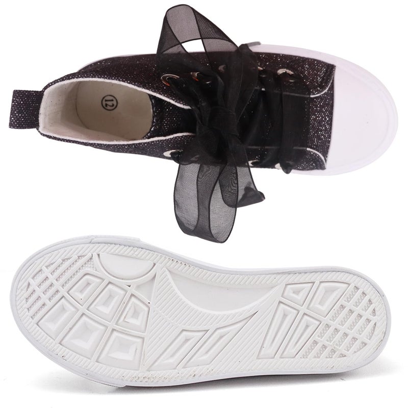 Toandon Toddler Girls Kids Sneakers Glitter Canvas Walking Shoes Sparkly High Top Child Lace Up Ribbon Lightweight flexiable Breathable School Party Non Slip Black Size 10 - Image 5