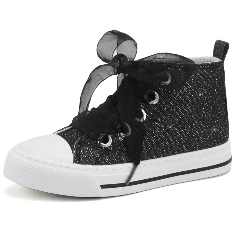 Toandon Toddler Girls Kids Sneakers Glitter Canvas Walking Shoes Sparkly High Top Child Lace Up Ribbon Lightweight flexiable Breathable School Party Non Slip Black Size 10 - Image 1