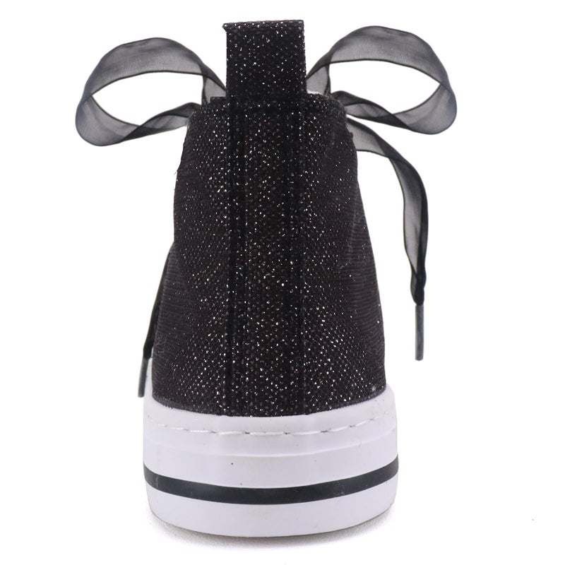Toandon Toddler Girls Kids Sneakers Glitter Canvas Walking Shoes Sparkly High Top Child Lace Up Ribbon Lightweight flexiable Breathable School Party Non Slip Black Size 10 - Image 4