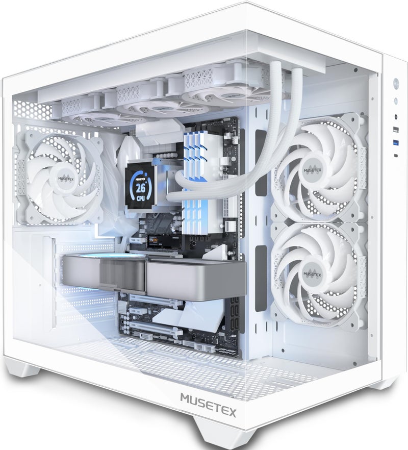 MUSETEX حافظة كمبيوتر MUSETEX ATX، دعم راد 360 مم، 3 مراوح 120 مم غير ARGB مثبتة مسبقًا، حافظة ألعاب زجاجية مقسّاة بزاوية رؤية كاملة 270° مع منفذ Type-C، حافظة كمبيوتر متوسطة البرج ATX، بيضاء، Y6 - Image 1