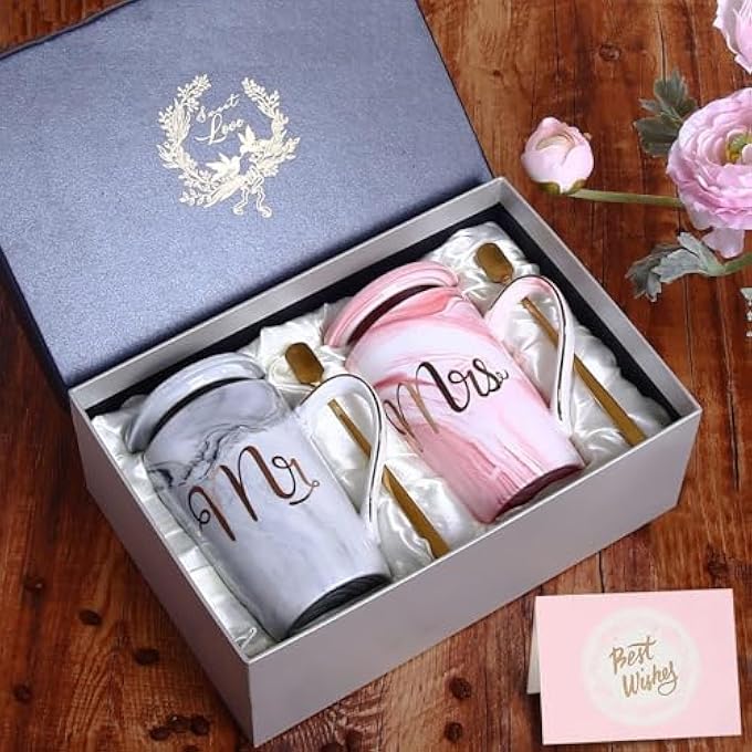 ALBISS أكواب قهوة السيد والسيدة هدايا زفاف للزوجين، أكواب سيراميك رخامية للعروسين سعة 14 أونصة لحفلات توديع العزوبية والخطوبة وحفلات الزفاف والذكرى السنوية للأزواج المتزوجين مع غطاء، ملاعق بطاقات المعايدة في صندوق جميل - Image 5