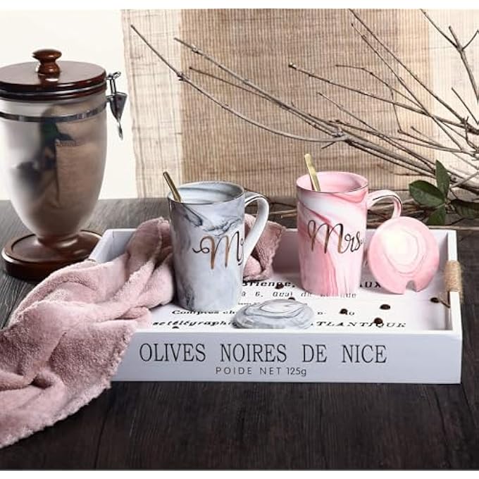 ALBISS أكواب قهوة السيد والسيدة هدايا زفاف للزوجين، أكواب سيراميك رخامية للعروسين سعة 14 أونصة لحفلات توديع العزوبية والخطوبة وحفلات الزفاف والذكرى السنوية للأزواج المتزوجين مع غطاء، ملاعق بطاقات المعايدة في صندوق جميل - Image 4