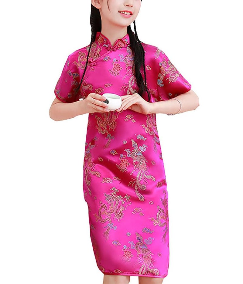 DLSNZ Girls Chinese Qipao Dress Dragon Pattern Short Sleeve Cheongsam Costume for Birthday Party Wedding (US, Age, 6 Years, 7 Years, Rose Red Dragon) - Image 1
