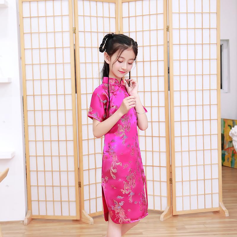 DLSNZ Girls Chinese Qipao Dress Dragon Pattern Short Sleeve Cheongsam Costume for Birthday Party Wedding (US, Age, 6 Years, 7 Years, Rose Red Dragon) - Image 4