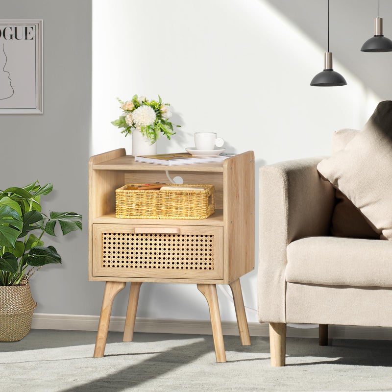 Lerliuo Rattan Nightstand with Charging Station, Boho Side Table with Drawer Open Shelf, Cane Accent Bedside End Table for Bedroom, Dorm and Small Spaces - Image 3