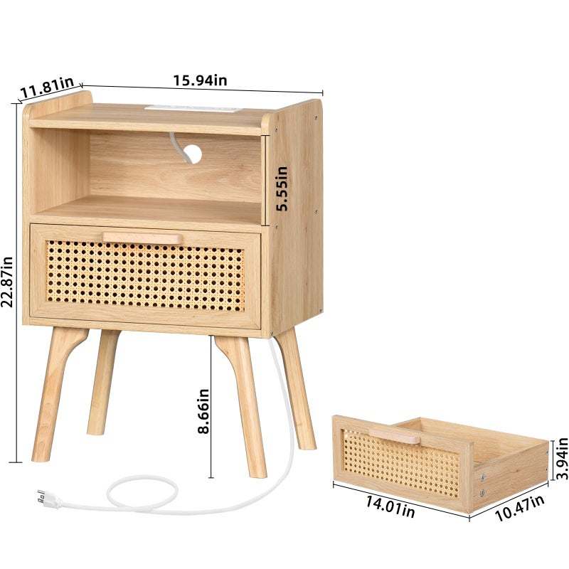 Lerliuo Rattan Nightstand with Charging Station, Boho Side Table with Drawer Open Shelf, Cane Accent Bedside End Table for Bedroom, Dorm and Small Spaces - Image 5