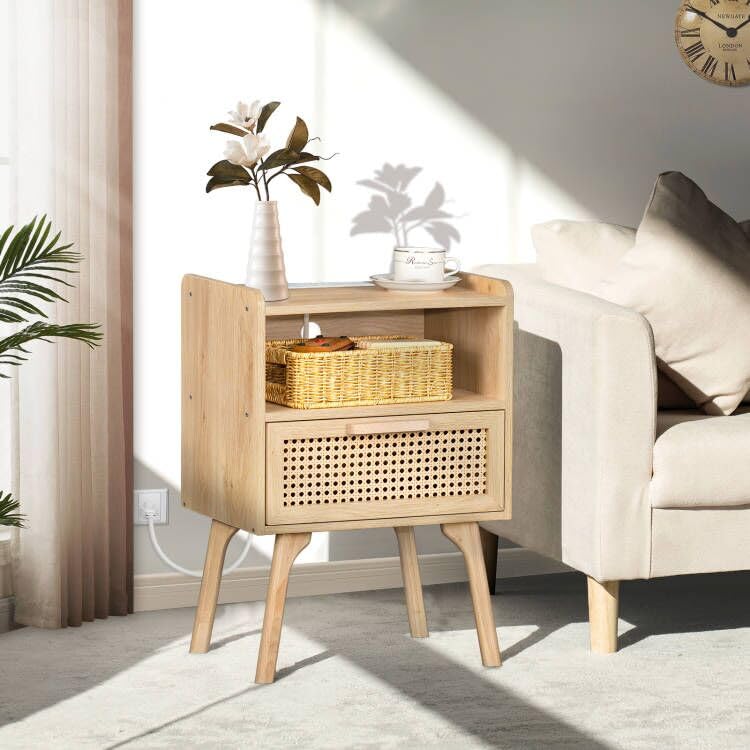 Lerliuo Rattan Nightstand with Charging Station, Boho Side Table with Drawer Open Shelf, Cane Accent Bedside End Table for Bedroom, Dorm and Small Spaces - Image 2