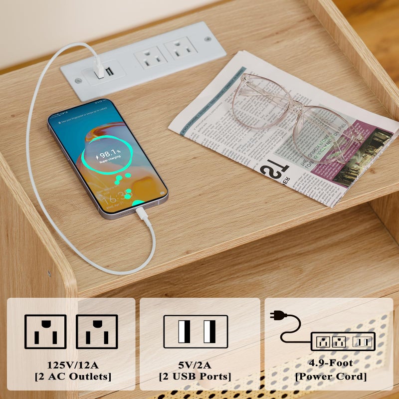 Lerliuo Rattan Nightstand with Charging Station, Boho Side Table with Drawer Open Shelf, Cane Accent Bedside End Table for Bedroom, Dorm and Small Spaces - Image 4