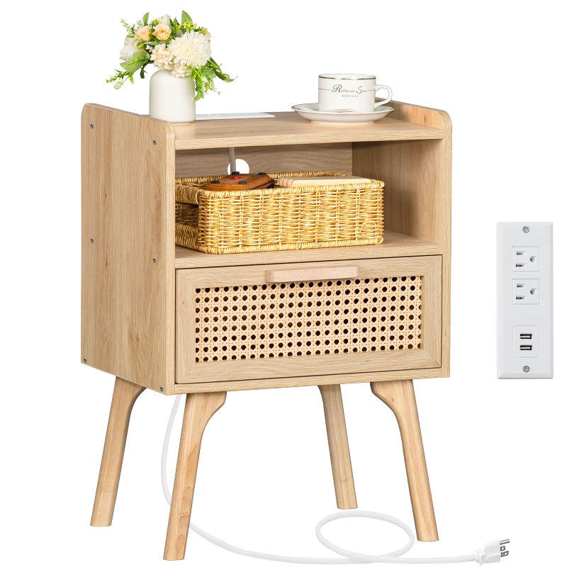 Lerliuo Rattan Nightstand with Charging Station, Boho Side Table with Drawer Open Shelf, Cane Accent Bedside End Table for Bedroom, Dorm and Small Spaces - Image 1