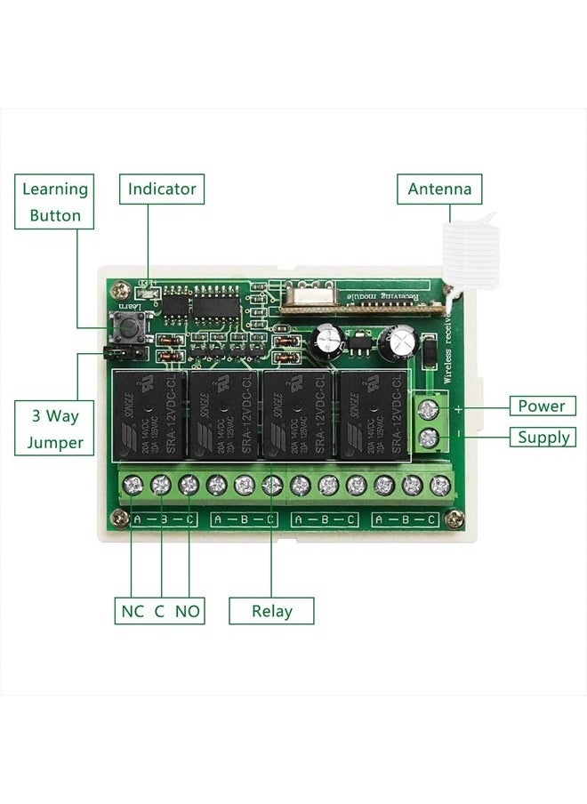 Aubric - 12V Relay Remote Switch Wireless RF Remote Control Switch 4 Channel Relay Module 433Mhz Transmitter Receiver Kit Universal Remote Controller for Lights Ceiling Fan Garage Door Opener Gate Car & More - Image 1