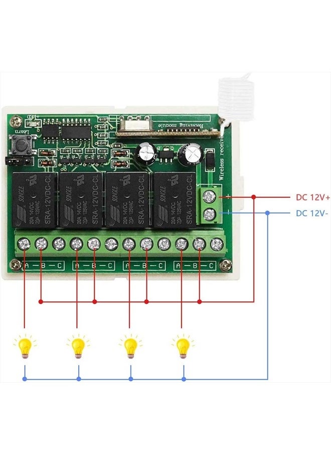 Aubric - 12V Relay Remote Switch Wireless RF Remote Control Switch 4 Channel Relay Module 433Mhz Transmitter Receiver Kit Universal Remote Controller for Lights Ceiling Fan Garage Door Opener Gate Car & More - Image 1