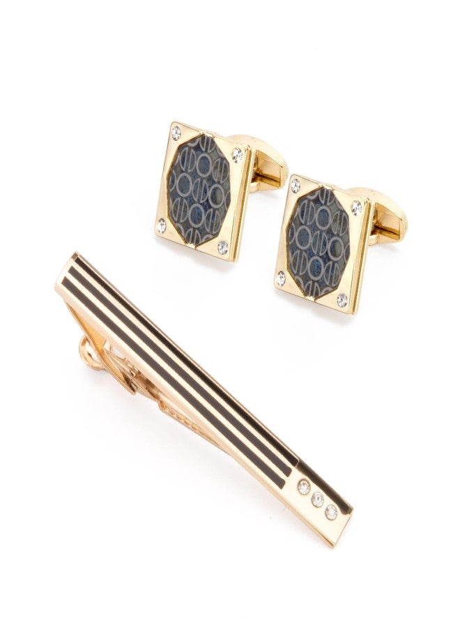Wynameleri Classic Enamel Cufflinks and Tie Pin Tie Clip Set Gold for Men in Gift Box - Image 1