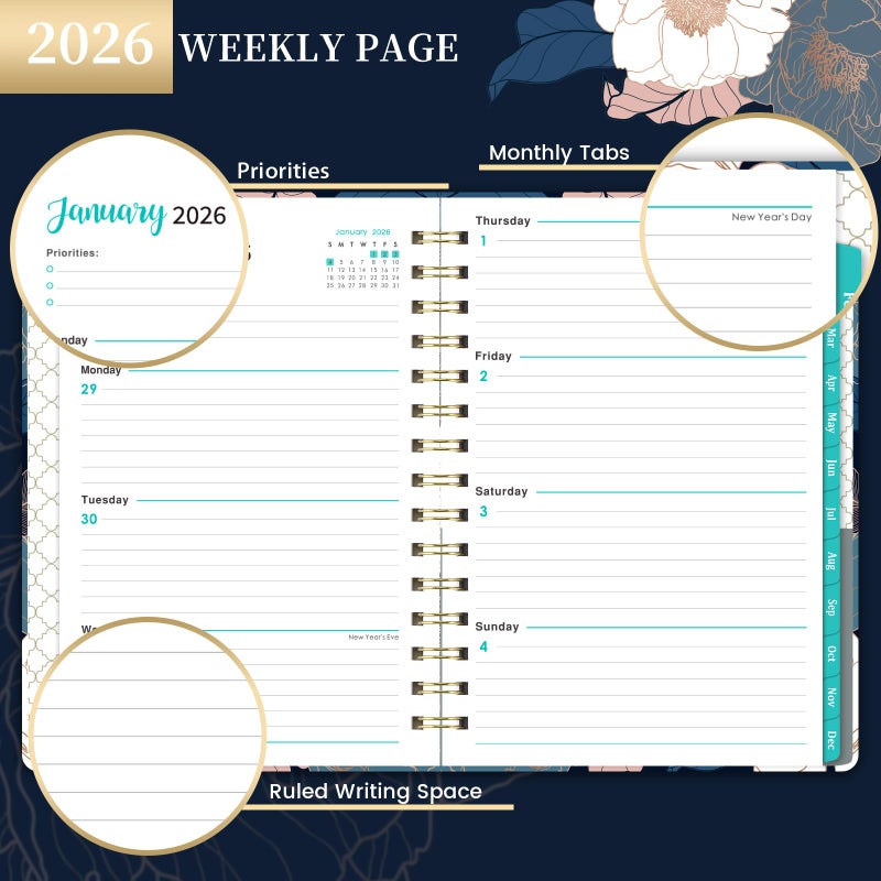 Pinchoco 2026 Planner - Jan. 2026 - Dec. 2026, 2026 Planner Weekly and Monthly with Tabs, 6.3" x 8.4", Planner 2026, Hardcover with Back Pocket + Thick Paper + Twin-Wire Binding, Perfect Daily Organizer - Image 3