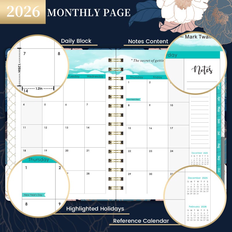 Pinchoco 2026 Planner - Jan. 2026 - Dec. 2026, 2026 Planner Weekly and Monthly with Tabs, 6.3" x 8.4", Planner 2026, Hardcover with Back Pocket + Thick Paper + Twin-Wire Binding, Perfect Daily Organizer - Image 4
