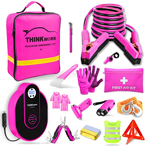 THINKWORK Car Emergency Kit for Teen Girl and Lady's Gifts, Pink Emergency Roadside Assistance kit with Digital Air Compressor, 10FT Jumper, First Aid Kit, and More Ideal Pink Car Accessories Tool -E7 - Image 1