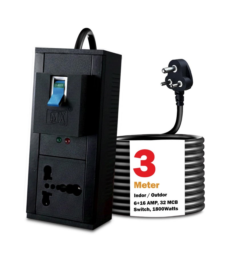 MX Single Socket Extension Board | 6/16A to 5A Plug 3 M Heavy Duty Power Cord (1800W) | 16A 3-Pin Plug Socket | 32A MCB Switch | AC Line Fault Detector | Flame Retardant | Child Safety Shutter - Image 1