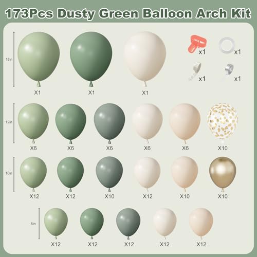 Amandir 173Pcs Dusty Green White Sand Balloon Arch Garland Kit Beige Cream Mist Olive Light Sage Green Gold Confetti Balloons for Birthday Baby Shower Woodland Wild One Wedding Party Decorations - Image 5