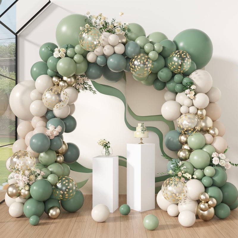 Amandir 173Pcs Dusty Green White Sand Balloon Arch Garland Kit Beige Cream Mist Olive Light Sage Green Gold Confetti Balloons for Birthday Baby Shower Woodland Wild One Wedding Party Decorations - Image 3