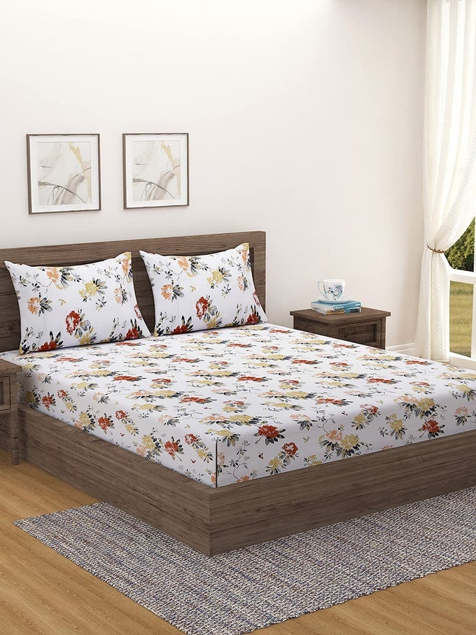 ANANDA COLLECTION PREMIUM COTTON 200 TC FLORAL PRINT COTTON DOUBLE BED SHEET WITH 2 PILLOW COVER - YELLOW,WHITE