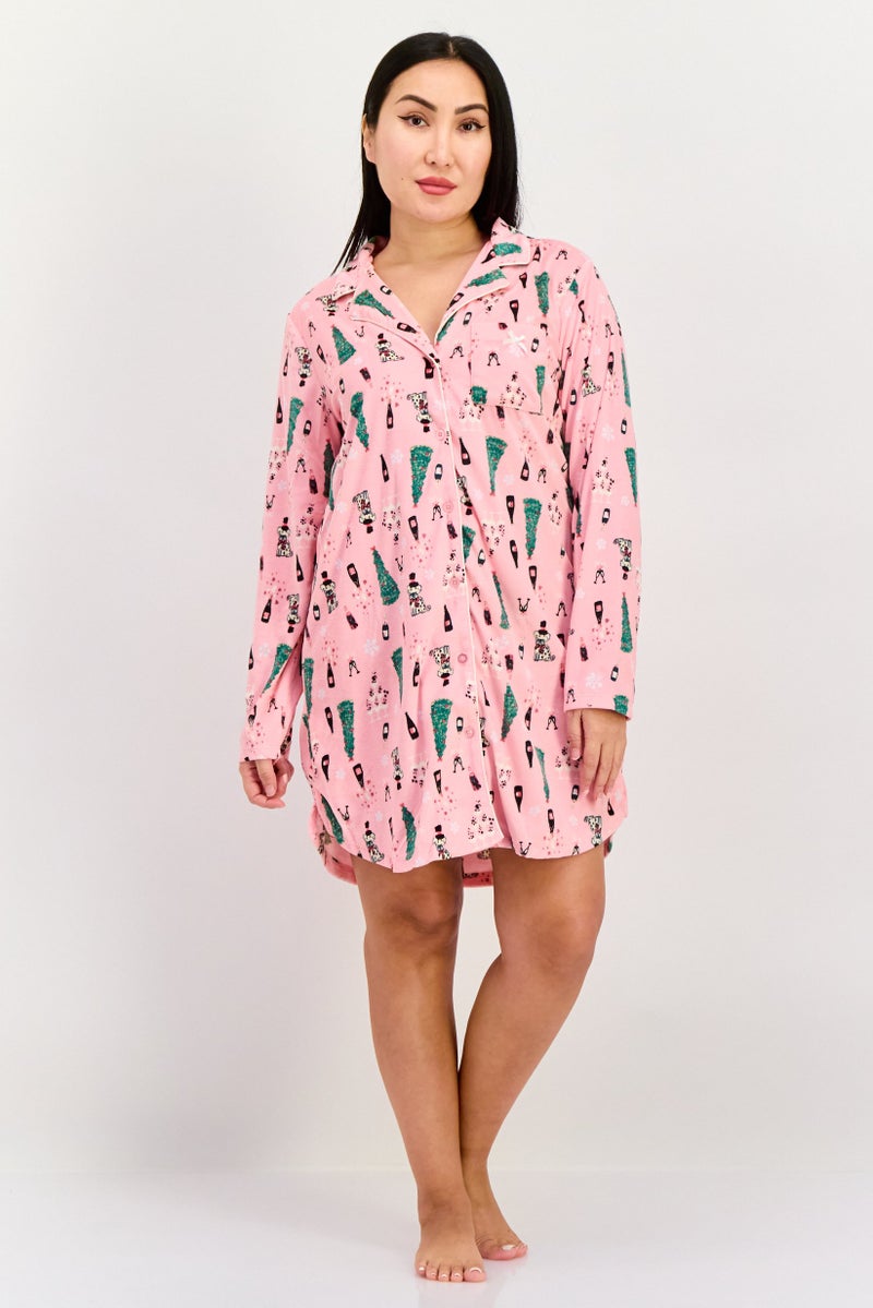 Kensie Women Allover Print Full Sleeves Sleepwear Dress, Pink Combo - Image 3