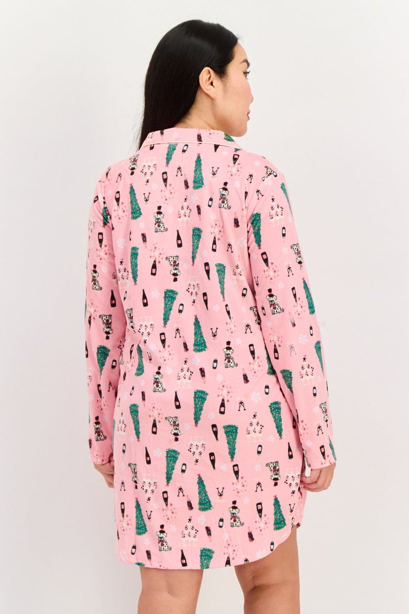 Kensie Women Allover Print Full Sleeves Sleepwear Dress, Pink Combo - Image 4