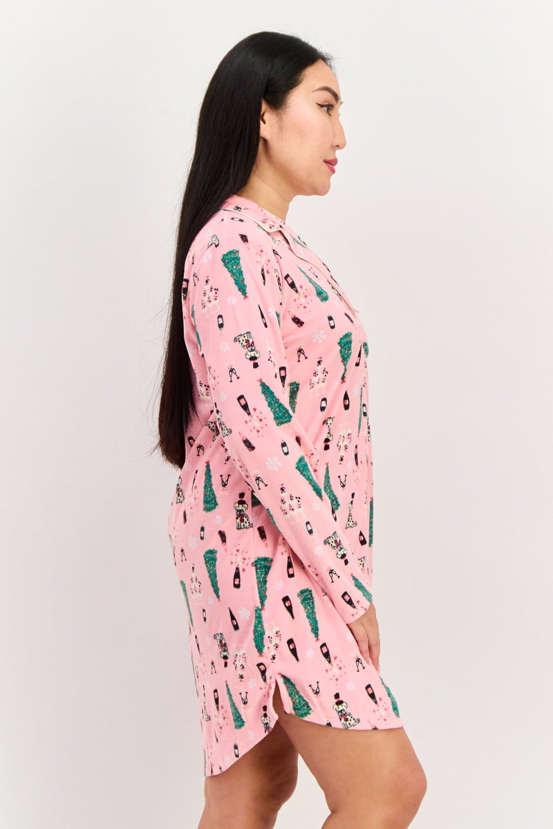 Kensie Women Allover Print Full Sleeves Sleepwear Dress, Pink Combo - Image 2