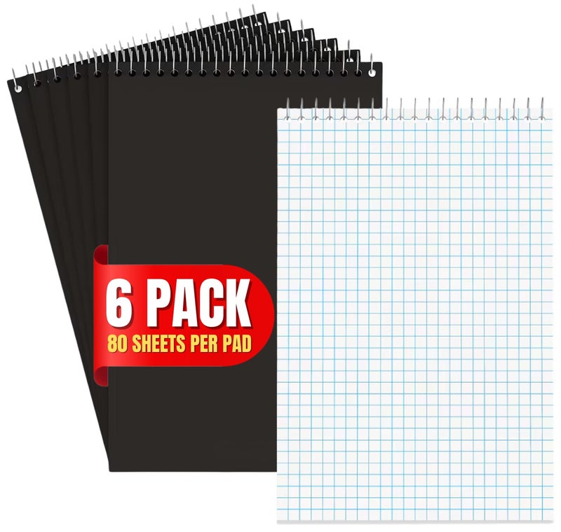 1InTheOffice Graph Ruled Note Pad 6" x 9", Graph Paper Spiral Bound Notebook, White, 80 Sheets/Pad, 6 Pads/Pack - Image 1