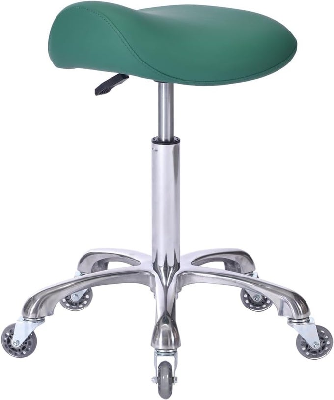 PROFESSIONAL SADDLE STOOL WITH WHEELS ERGONOMIC SWIVEL ROLLING HEIGHT ADJUSTABLE FOR CLINIC DENTIST BEAUTY SALON TATTOO HOME OFFICE GREEN