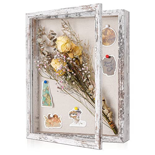 Califortree 11x14 Shadow Box Frame with Linen Back Sturdy Rustic Memory Display Case of Flower Pictures Medals and More Distressed White - Image 1