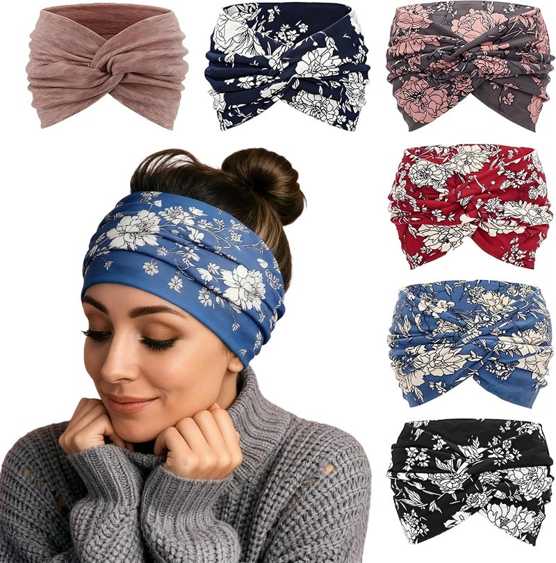 6Pcs Wide Headbands for Women Lightweight and Breathable Extra Large Turban Headband Boho Head Wrap Lovely and Stylish Elastic Hairbands Hair Twisted Knot Hair Accessories for Yoga Workouts Ect