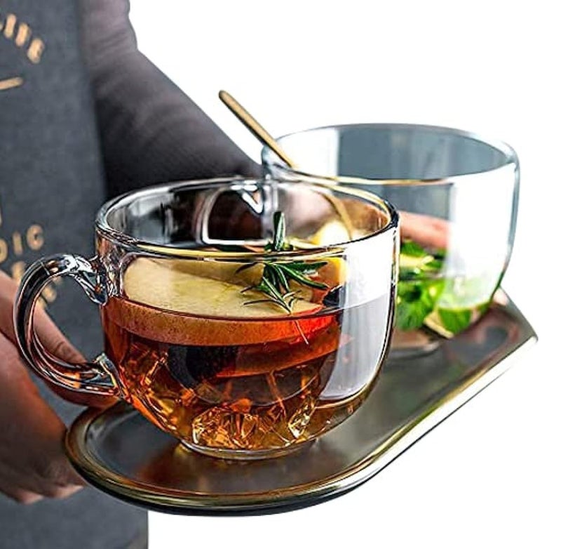 NeWine Italian Premium Set of 2 Large CoffeeGreen Tea Mug cappuccinosEspresso Cup Soup Bowl JumboBig Milk Glass Cup with Handle for Coffee MultiPurpose Mug Set 450 ML - Image 2