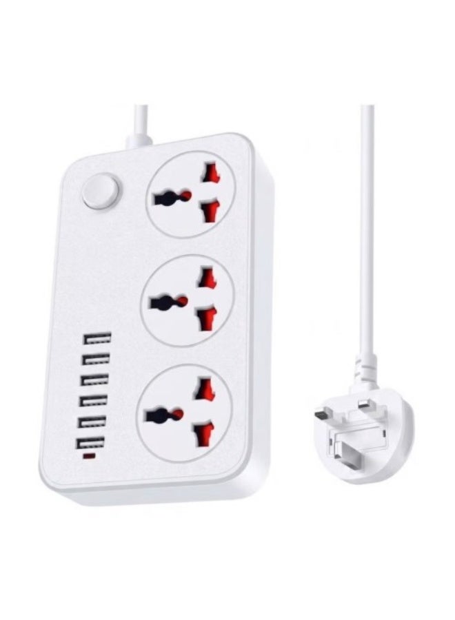 Terabyte 9 in 1 Universal Power Strip Extension Cord with 3 Wide Universal Sockets and 6 USB Ports, 110-240v, UK Plug 3 Pin Power Socket 2500w, 2 meter cable, International Plug. (WHITE) - Image 1