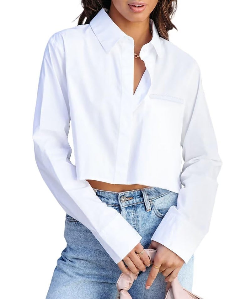 INFITTY Women's Business Casual Blouses Long Sleeve Button Up Shirts Lapel Cotton Oversized Crop Tops White M - Image 1