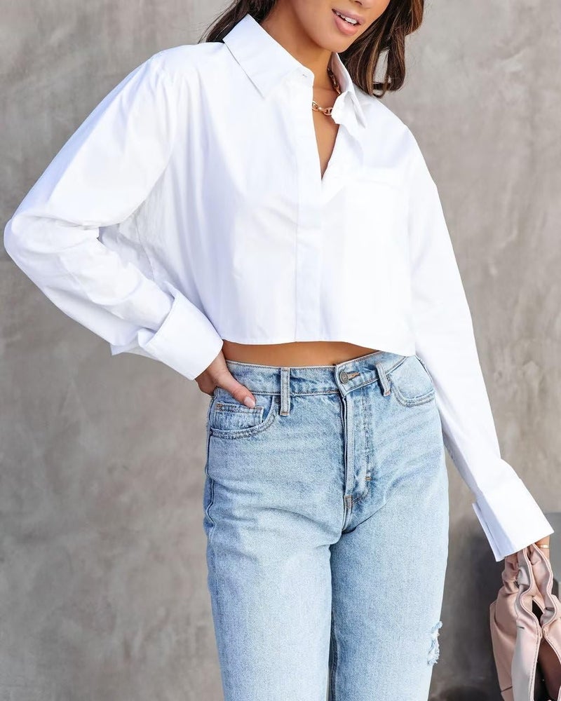 INFITTY Women's Business Casual Blouses Long Sleeve Button Up Shirts Lapel Cotton Oversized Crop Tops White M - Image 5