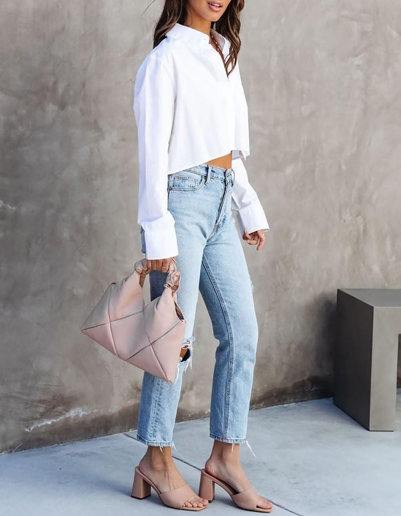 INFITTY Women's Business Casual Blouses Long Sleeve Button Up Shirts Lapel Cotton Oversized Crop Tops White M - Image 3