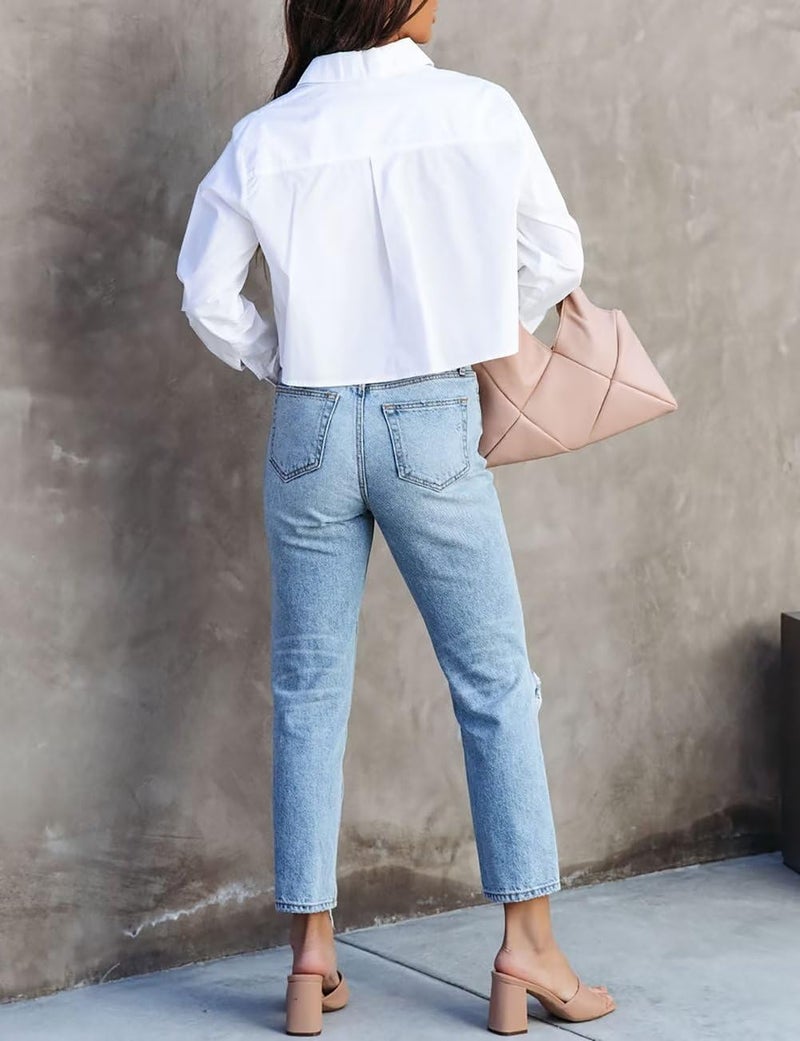 INFITTY Women's Business Casual Blouses Long Sleeve Button Up Shirts Lapel Cotton Oversized Crop Tops White M - Image 4