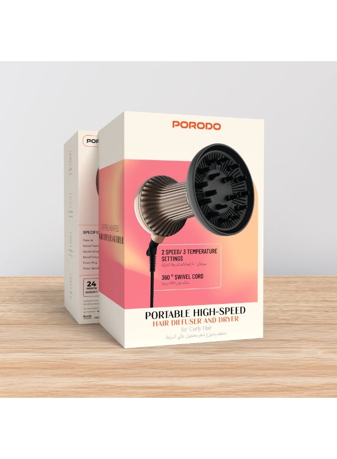 بورودو مجفف وموزع شعر محمول عالي السرعة للشعر المجعد / سرعتان، 3 إعدادات لدرجة الحرارة / سلك دوار 360 درجة / مجفف بفوهة مغناطيسية / طول السلك 1.8 متر / 16800 دورة في الدقيقة - ذهبي - Image 5