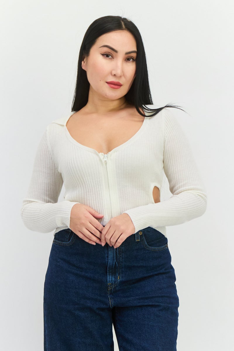 As You Women Scoop Neck Ribbed Cardigan, Cream  - Image 1