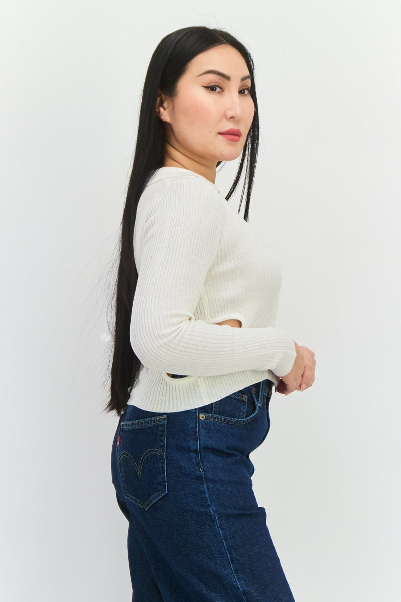As You Women Scoop Neck Ribbed Cardigan, Cream  - Image 4