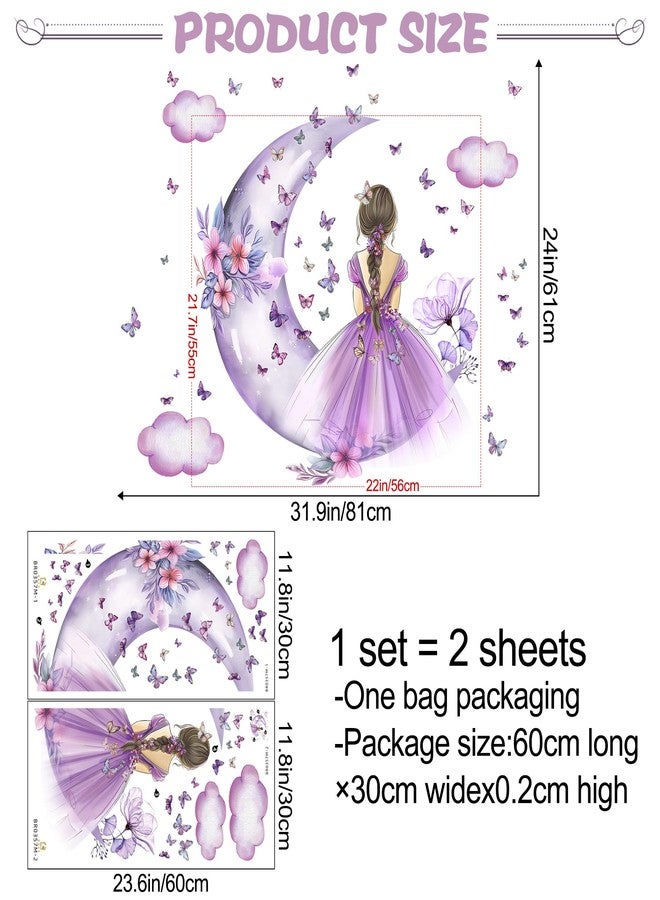 DRWSSR 2 Sheets Purple Butterfly Girl Wall Decal - Removable DIY Moon Cloud Wall Decal Vinyl Purple Flower Princess Room Art for Girls Baby Nursery Bedroom Living Room Bathroom Classroom Decor - Image 2