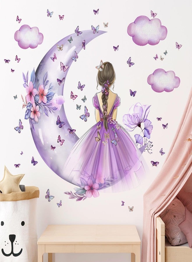 DRWSSR 2 Sheets Purple Butterfly Girl Wall Decal - Removable DIY Moon Cloud Wall Decal Vinyl Purple Flower Princess Room Art for Girls Baby Nursery Bedroom Living Room Bathroom Classroom Decor - Image 1