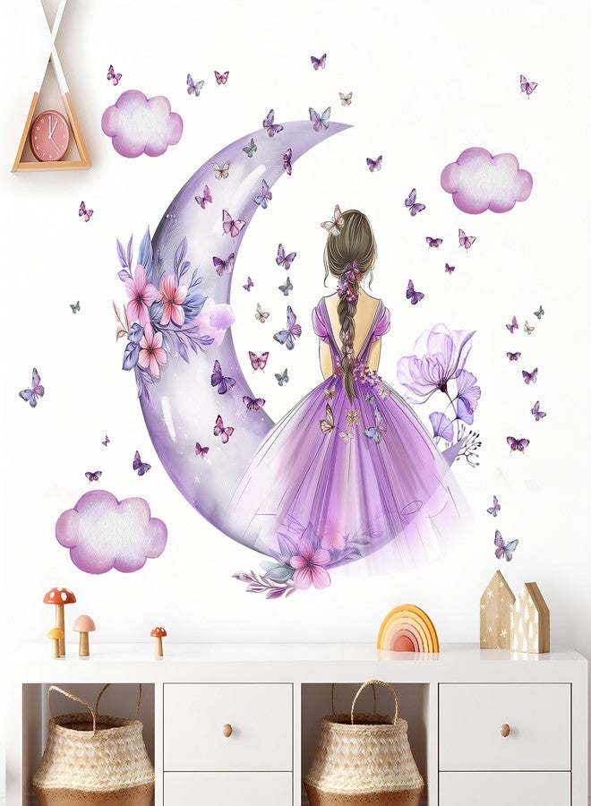 DRWSSR 2 Sheets Purple Butterfly Girl Wall Decal - Removable DIY Moon Cloud Wall Decal Vinyl Purple Flower Princess Room Art for Girls Baby Nursery Bedroom Living Room Bathroom Classroom Decor - Image 3