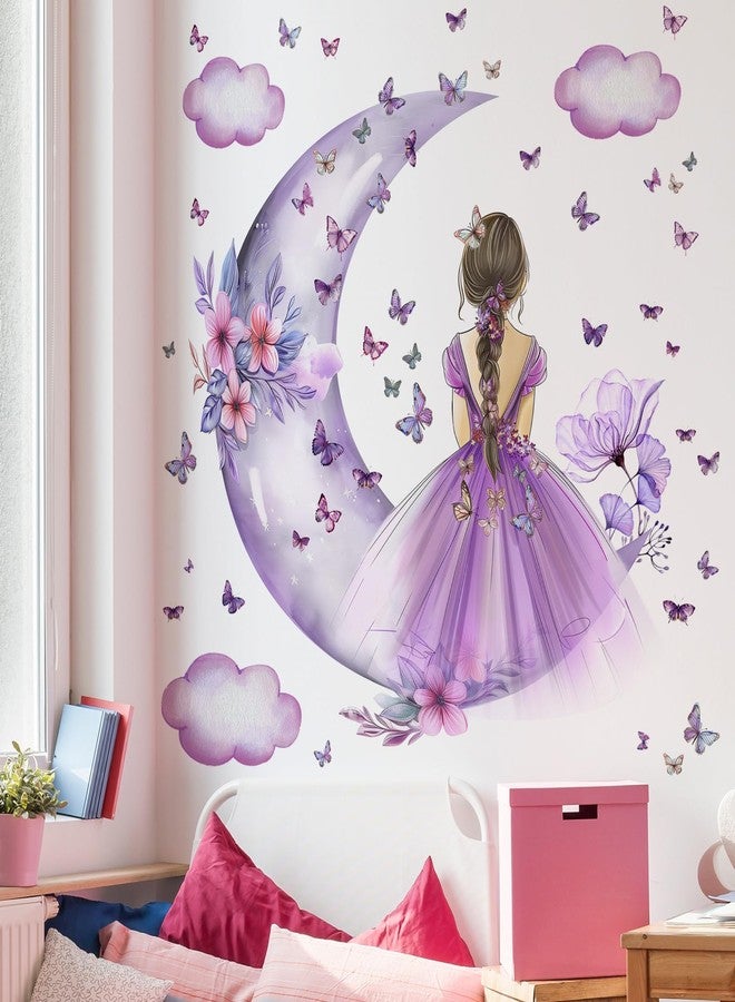 DRWSSR 2 Sheets Purple Butterfly Girl Wall Decal - Removable DIY Moon Cloud Wall Decal Vinyl Purple Flower Princess Room Art for Girls Baby Nursery Bedroom Living Room Bathroom Classroom Decor - Image 4
